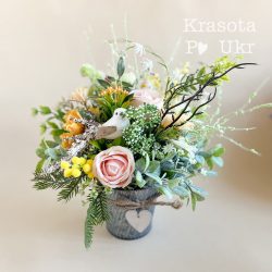 Композиція 30 см у відерці з пташкою, дизайн "пастельна гармонія"