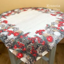 Скатертина 90*90 см, “Різдвяна історія” з яблучками, хвоєю та калиною
