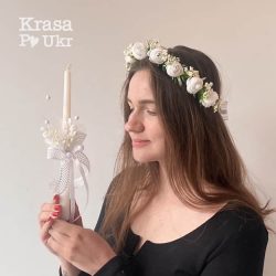 Вінок та свічка до першого причастя чи вінчання “ніжні півонії” - комплект від Krasa Po Ukr