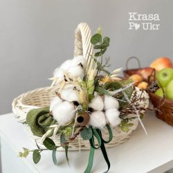 Універсальна корзина, модель “овал”, з нотками бавовни, сухоцвітів та вишивки – 30 см (ЕКСКЛЮЗИВНА КОЛЕКЦІЯ) від Krasa Po Ukr