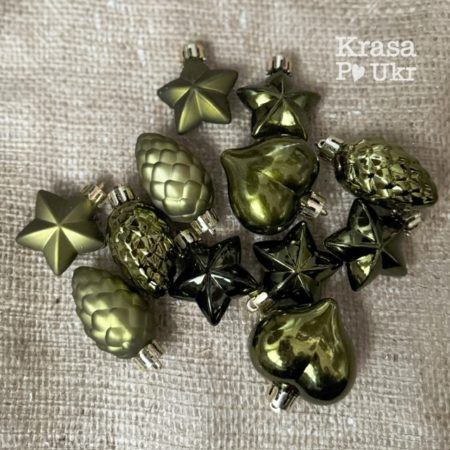 Новорічні іграшки на ялинку, “зірочки+сердечка+шишки”, оливковий (12 шт) – 4 см