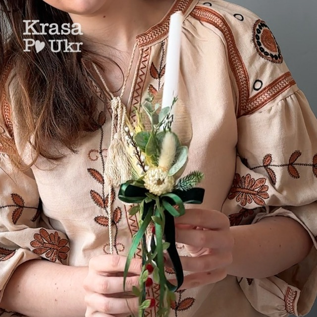 Свічка для освячення, дизайн “українська вишиванка” – смарагд (декор або задекорована свічка) Krasa Po Ukr