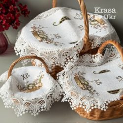 Який розмір серветки/рушника обрати? Примірки на великий кошик Примірка серветок різних розмірів на великому плетеному великодньому кошику 38×27 см для вибору оптимального розміру серветки чи рушника.