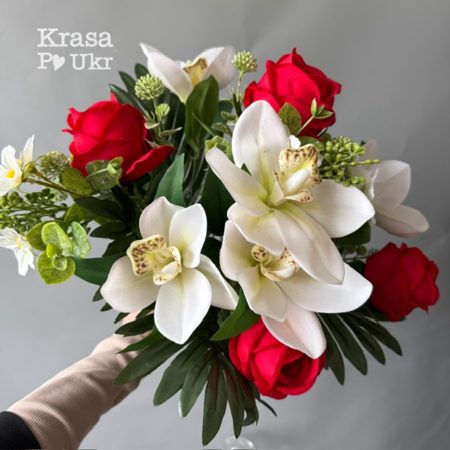 Великий букет орхідей з трондами, біло-червоний