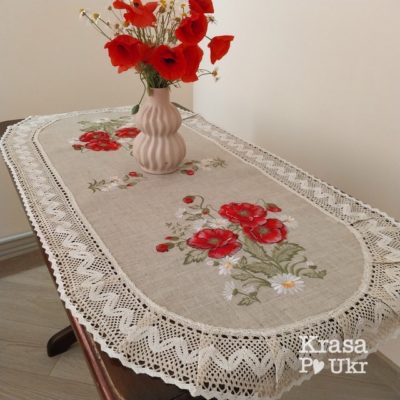 Ранер лляний на комод з вишивкою маки і широким мереживом, 60*120 см