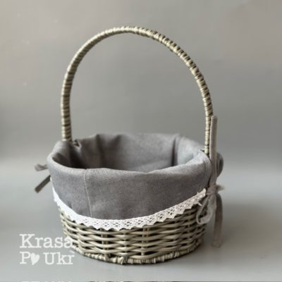 Круглий сірий кошик з тканиною всередині та мереживом