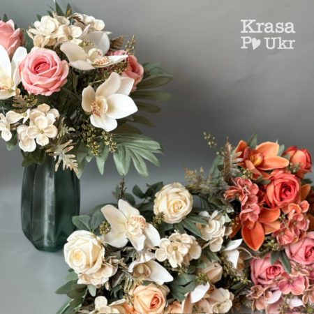 Букет штучних квітів “орхідея-троянда-гортензія” у 5 кольорах або упаковка