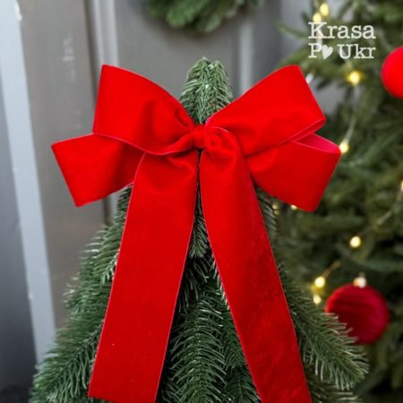 Велюровий подвійний бант на ялинку чи верхівку, класичний червоний