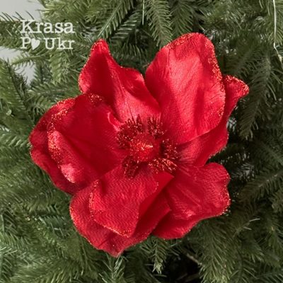 Квітка магнолії 20 см для новорічного декору червона з глітером