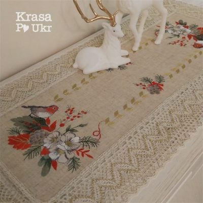 Вишитий ранер “Різдвяний снігур” 40*90 см, 40*150 см — льон із мереживом