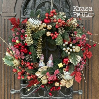 IMG_4091 | Krasa Po Ukr Вінок 45 см РІЗДВЯНА ІСТОРІЯ, колекція “Різдвяна класика”, дизайн «червоне-золото»