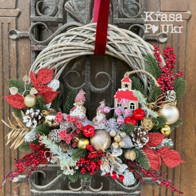 Різдвяний вінок 40 см ІСТОРІЯ, колекція “Різдвяна класика”, дизайн “червоне та золото”