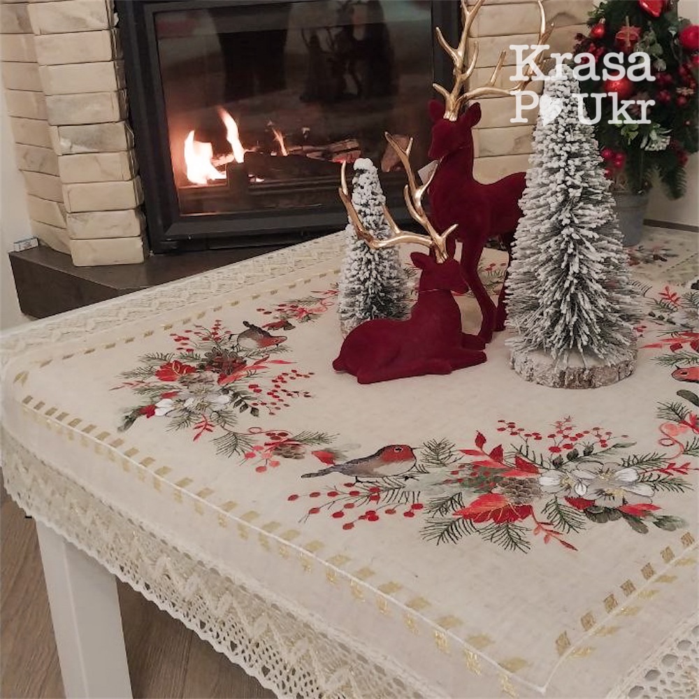 IMG_4761 | Krasa Po Ukr #114 Вишита скатертина «Різдвяний снігур» — 90×90 см, льон з мереживом
