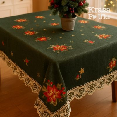 IMG_7335 | Krasa Po Ukr Новорічна скатертина з вишивкою і широким мереживом, 150*220 см