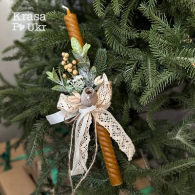 Воскова свічка 30 см з натуральним мінімалістичним декором, медовий віск, ручна робота, свічка для освячення та молитви Krasa Po Ukr