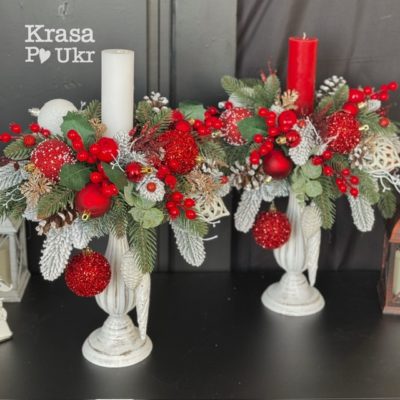 Різдвяний підсвічник зі свічкою у червоному кольорі з литої хвої, вінтажна деревʼяна основа, класичний новорічний декор для святкового столу та інтерʼєру Krasa Po Ukr