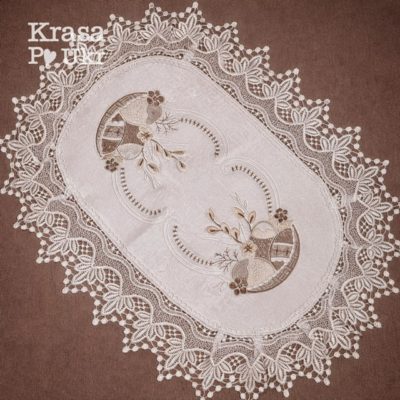 Атласний рушник на паску 60×40 см з кавовими писанками та мереживом, Україна - Krasa Po Ukr