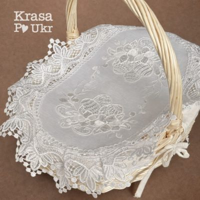Біла атласна серветка на великодній кошик з мереживом Krasa Po Ukr