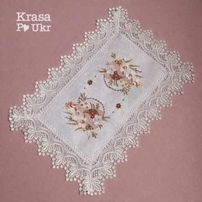 Вишита серветка середня прямокутна, 44*30 см – дизайн “корзинка з пудровими писанками” Krasa Po Ukr