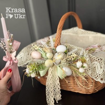 Комплект кошика з серветкою та свічкою до Пасхи від майстерні декору Krasa Po Ukr