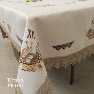 Пасхальна скатертина на стіл з вишивкою - “Пастельна квіткова корзинка” - 150*220 см