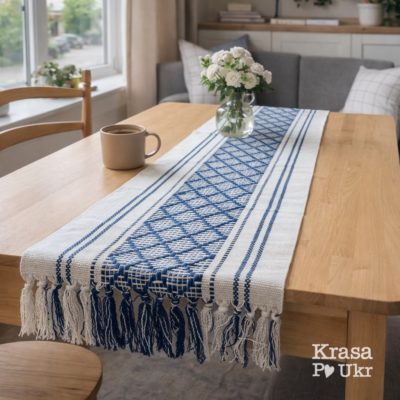 Етно раннер-верета на стіл з синім орнаментом - 35 см*180 см, 35 см*220 см
