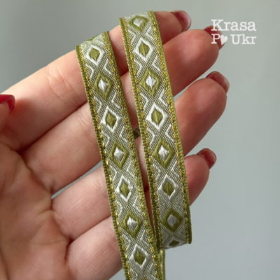 Вишита стрічка з геометричним орнаментом (1,2 см) - 1 м або рулоном - оливкова
