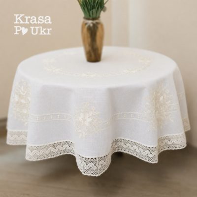 Біла лляна скатертина з вишивкою