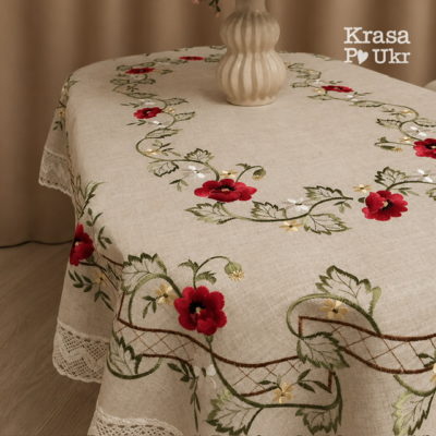 Скатертина на стіл 110*160 см, 180*320 см, 180*360 см - овальна, вишивка "маки"