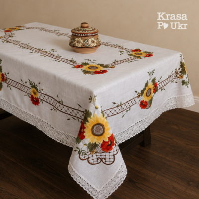 #057 Лляна скатертина на великий стіл “польові квіти – соняхи та маки” 1,5*2,2 м, 1,35*1,8 м