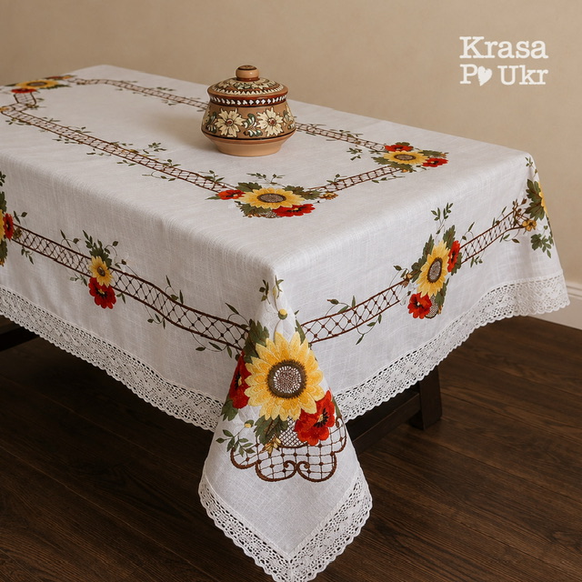 #057 Лляна скатертина на великий стіл “польові квіти – соняхи та маки” 1,5*2,2 м, 1,35*1,8 м 1 #057 Лляна скатертина на великий стіл “польові квіти – соняхи та маки” 1,5*2,2 м, 1,35*1,8 м