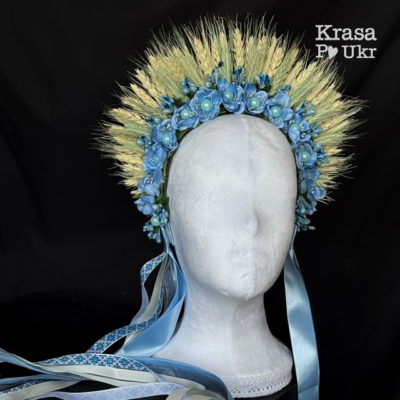 Вінок з колосками “Україна моя” з блакитними квітами