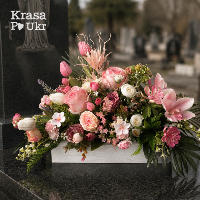 Меморіальна композиція "СВІТЛА ПАМ'ЯТЬ" з штучних квітів у ніжній рожевій гамі 2