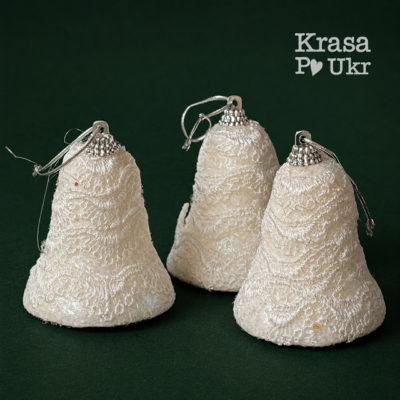 Белая елочная игрушка колокольчик с ажуром 6×7 см