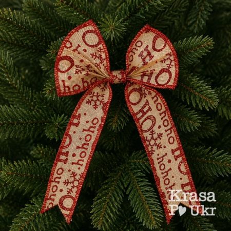 Новогодний бант из мешковины на прищепке с красным рисунком