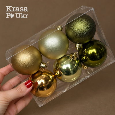 Набір куль 6 см, 6 шт "фрост-глянець", оливка-шампань-бронза