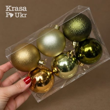 Набір куль 6 см, 6 шт "фрост-глянець", оливка-шампань-бронза