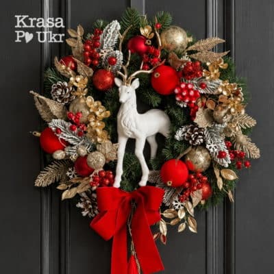 Вінок з оленем та бархатним бантом, колекція “Різдвяна класика”, дизайн “червоне-золото” (40 см або 50 см)