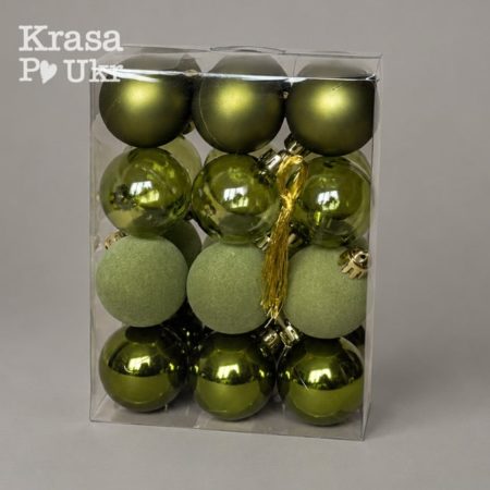 Ялинкові кулі 4 см оливкового кольору з прозорою, глянцевою, матовою та флоковою поверхнею